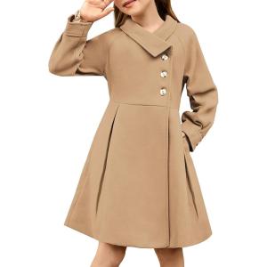 GRACE KARIN Girls Dress Coat Kids Wool Lapel Long Button Jackets Fall Winter Outerwear Peacoat with Pockets 5-12Y(Camel)