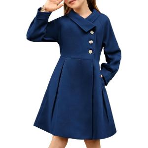 GRACE KARIN Girls Dress Coat Kids Wool Lapel Long Button Jackets Fall Winter Outerwear Peacoat with Pockets 5-12Y(Navy Blue)