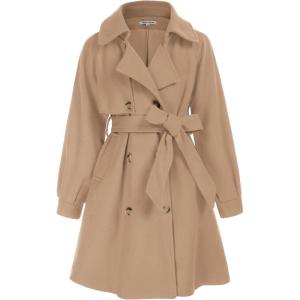 GRACE KARIN Girls Dress Coat Lapel Wool Blend Long Winter Jackets with Pockets Belt 6-14Y(Camel)