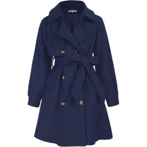 GRACE KARIN Girls Dress Coat Lapel Wool Blend Long Winter Jackets with Pockets Belt 6-14Y(Navy Blue)