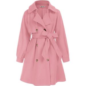 GRACE KARIN Girls Dress Coat Lapel Wool Blend Long Winter Jackets with Pockets Belt 6-14Y(Pink)