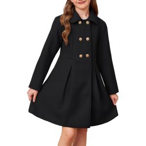 GRACE KARIN Girls Dress Coat Wool Peacoat with Lapel Pockets Winter Warm Long Jacket for Kids Size 6-14(Black)