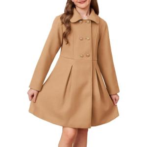 GRACE KARIN Girls Dress Coat Wool Peacoat with Lapel Pockets Winter Warm Long Jacket for Kids Size 6-14(Khaki)