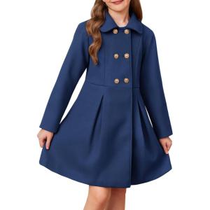 GRACE KARIN Girls Dress Coat Wool Peacoat with Lapel Pockets Winter Warm Long Jacket for Kids Size 6-14(Navy Blue)