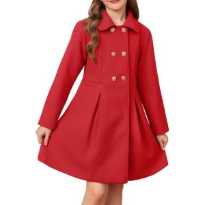 GRACE KARIN Girls Dress Coat Wool Peacoat with Lapel Pockets Winter Warm Long Jacket for Kids Size 6-14(Red)