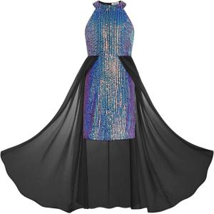 GRACE KARIN Girls Halter Neck Sequin Dress 6-14Y Kids Fancy Formal Party Christmas Sparkly Pageant Birthday Dresses(Black Fantasy Purple)