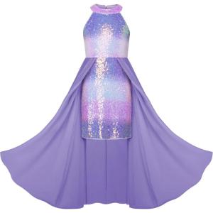 GRACE KARIN Girls Halter Neck Sequin Dress 6-14Y Kids Fancy Formal Party Christmas Sparkly Pageant Birthday Dresses(Colorful Purple)