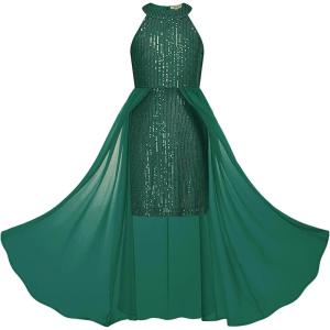 GRACE KARIN Girls Halter Neck Sequin Dress 6-14Y Kids Fancy Formal Party Christmas Sparkly Pageant Birthday Dresses(Dark Green)