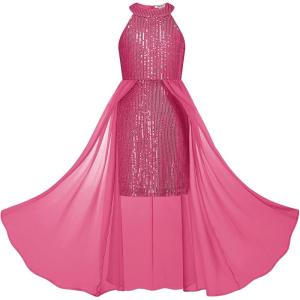 GRACE KARIN Girls Halter Neck Sequin Dress 6-14Y Kids Fancy Formal Party Christmas Sparkly Pageant Birthday Dresses(Hot Pink)