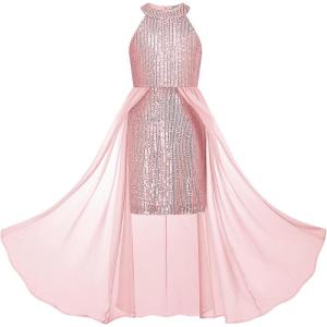 GRACE KARIN Girls Halter Neck Sequin Dress 6-14Y Kids Fancy Formal Party Christmas Sparkly Pageant Birthday Dresses(Pink)