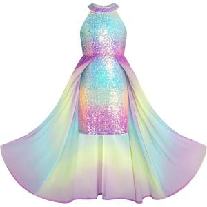 GRACE KARIN Girls Halter Neck Sequin Dress 6-14Y Kids Fancy Formal Party Christmas Sparkly Pageant Birthday Dresses(Rainbow Color)