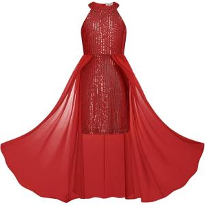 GRACE KARIN Girls Halter Neck Sequin Dress 6-14Y Kids Fancy Formal Party Christmas Sparkly Pageant Birthday Dresses(Red)