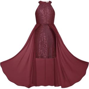 GRACE KARIN Girls Halter Neck Sequin Dress 6-14Y Kids Fancy Formal Party Christmas Sparkly Pageant Birthday Dresses(Wine Red)