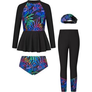 GRACE KARIN Girls Long Sleeve Swimsuit Mermaid Bathing Suit Rash Guard Swimwear 4 Piece Size 5-12(Black-coconut)