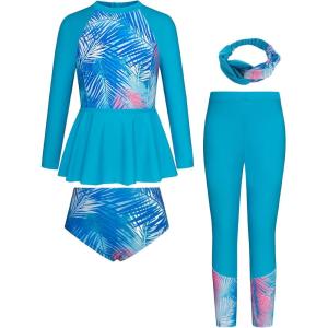 GRACE KARIN Girls Long Sleeve Swimsuit Mermaid Bathing Suit Rash Guard Swimwear 4 Piece Size 5-12(Blue-feather)