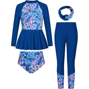 GRACE KARIN Girls Long Sleeve Swimsuit Mermaid Bathing Suit Rash Guard Swimwear 4 Piece Size 5-12(Gradient Klein Blue-floral)