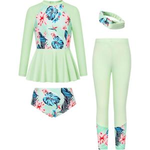 GRACE KARIN Girls Long Sleeve Swimsuit Mermaid Bathing Suit Rash Guard Swimwear 4 Piece Size 5-12(Green-floral)
