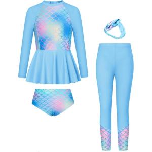GRACE KARIN Girls Long Sleeve Swimsuit Mermaid Bathing Suit Rash Guard Swimwear 4 Piece Size 5-12(Green-mermaid)