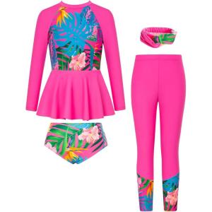 GRACE KARIN Girls Long Sleeve Swimsuit Mermaid Bathing Suit Rash Guard Swimwear 4 Piece Size 5-12(Hot Pink)