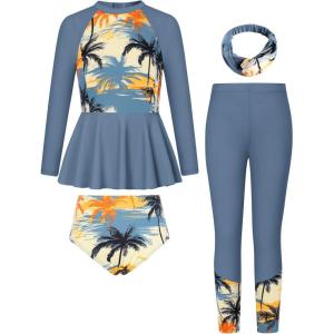 GRACE KARIN Girls Long Sleeve Swimsuit Mermaid Bathing Suit Rash Guard Swimwear 4 Piece Size 5-12(Orange-coconut Tree)