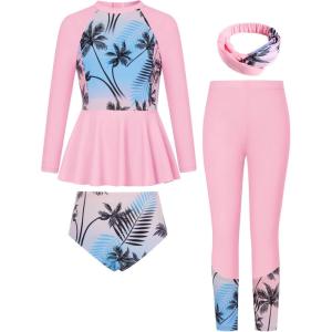 GRACE KARIN Girls Long Sleeve Swimsuit Mermaid Bathing Suit Rash Guard Swimwear 4 Piece Size 5-12(Powder Blue Leaves)