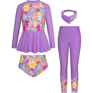 GRACE KARIN Girls Long Sleeve Swimsuit Mermaid Bathing Suit Rash Guard Swimwear 4 Piece Size 5-12(Purple-floral)
