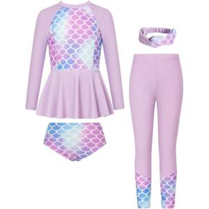 GRACE KARIN Girls Long Sleeve Swimsuit Mermaid Bathing Suit Rash Guard Swimwear 4 Piece Size 5-12(Purple-mermaid)