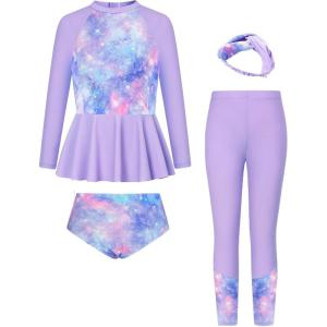 GRACE KARIN Girls Long Sleeve Swimsuit Mermaid Bathing Suit Rash Guard Swimwear 4 Piece Size 5-12(Sky-purple)