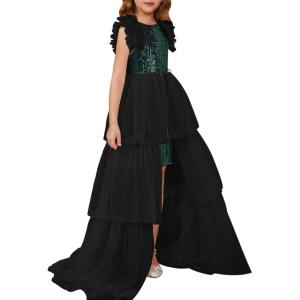 GRACE KARIN Girls Sequin Dress Formal Pageant Sparkle Party Ruffle Prom Maxi Dress Size 5-14Y(Black Green)