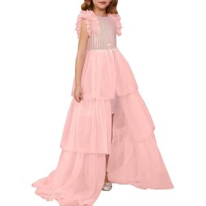 GRACE KARIN Girls Sequin Dress Formal Pageant Sparkle Party Ruffle Prom Maxi Dress Size 5-14Y(Fantasy Pink)