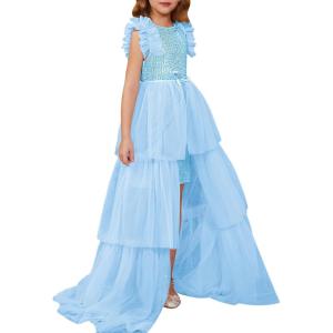 GRACE KARIN Girls Sequin Dress Formal Pageant Sparkle Party Ruffle Prom Maxi Dress Size 5-14Y(Light Blue)