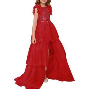 GRACE KARIN Girls Sequin Dress Formal Pageant Sparkle Party Ruffle Prom Maxi Dress Size 5-14Y(Red)