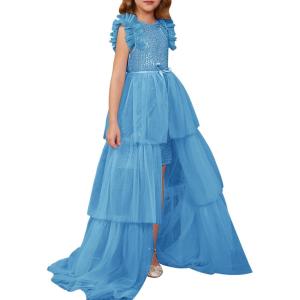 GRACE KARIN Girls Sequin Dress Formal Pageant Sparkle Party Ruffle Prom Maxi Dress Size 5-14Y(Sky Blue)