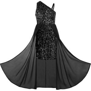 GRACE KARIN Girls Sequin Dress One Sleeve Formal Pageant Prom Party Special Occasion Dresses Size 5-14(Black)