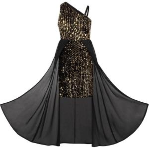 GRACE KARIN Girls Sequin Dress One Sleeve Formal Pageant Prom Party Special Occasion Dresses Size 5-14(Black Gold)