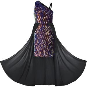 GRACE KARIN Girls Sequin Dress One Sleeve Formal Pageant Prom Party Special Occasion Dresses Size 5-14(Black Purple)