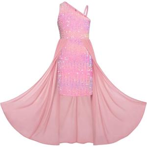GRACE KARIN Girls Sequin Dress One Sleeve Formal Pageant Prom Party Special Occasion Dresses Size 5-14(Candy Pink)