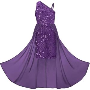 GRACE KARIN Girls Sequin Dress One Sleeve Formal Pageant Prom Party Special Occasion Dresses Size 5-14(Dark Purple)