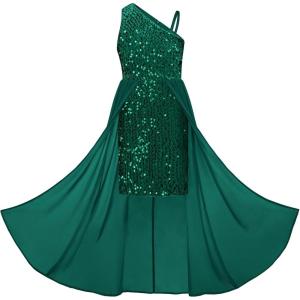 GRACE KARIN Girls Sequin Dress One Sleeve Formal Pageant Prom Party Special Occasion Dresses Size 5-14(Green)