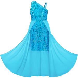 GRACE KARIN Girls Sequin Dress One Sleeve Formal Pageant Prom Party Special Occasion Dresses Size 5-14(Light Blue)