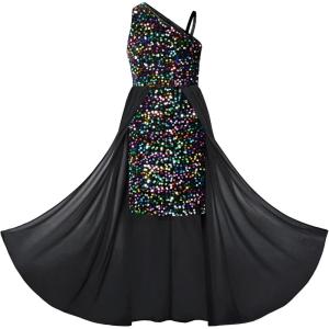 GRACE KARIN Girls Sequin Dress One Sleeve Formal Pageant Prom Party Special Occasion Dresses Size 5-14(Magic Black)