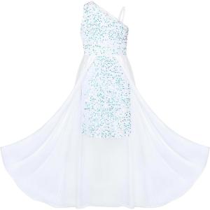 GRACE KARIN Girls Sequin Dress One Sleeve Formal Pageant Prom Party Special Occasion Dresses Size 5-14(Magic White)