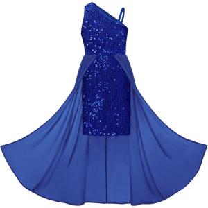 GRACE KARIN Girls Sequin Dress One Sleeve Formal Pageant Prom Party Special Occasion Dresses Size 5-14(Navy Blue)