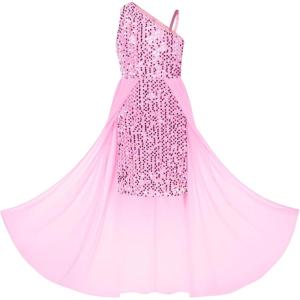 GRACE KARIN Girls Sequin Dress One Sleeve Formal Pageant Prom Party Special Occasion Dresses Size 5-14(Pink Gold)