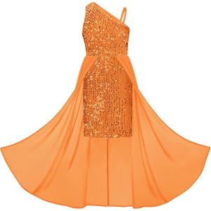 GRACE KARIN Girls Sequin Dress One Sleeve Formal Pageant Prom Party Special Occasion Dresses Size 5-14(Pumpkin)