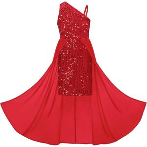 GRACE KARIN Girls Sequin Dress One Sleeve Formal Pageant Prom Party Special Occasion Dresses Size 5-14(Red)