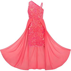GRACE KARIN Girls Sequin Dress One Sleeve Formal Pageant Prom Party Special Occasion Dresses Size 5-14(Watermelon Red)