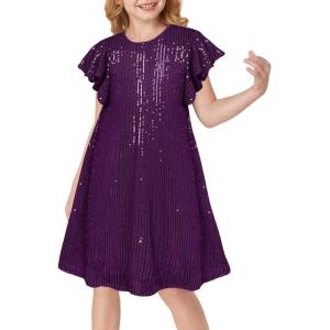GRACE KARIN Girls Sequin Dress Short Flutter Sleeve Flare Silhouette Midi Dress with Hairbow 5-12Y(Dark Purple)