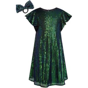 GRACE KARIN Girls Sequin Dress Short Flutter Sleeve Flare Silhouette Midi Dress with Hairbow 5-12Y(Green on Black)