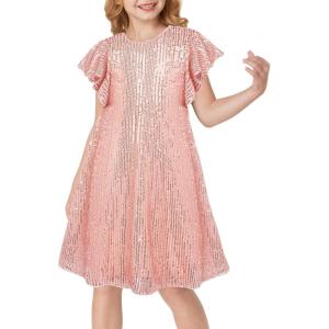 GRACE KARIN Girls Sequin Dress Short Flutter Sleeve Flare Silhouette Midi Dress with Hairbow 5-12Y(Light Pink)